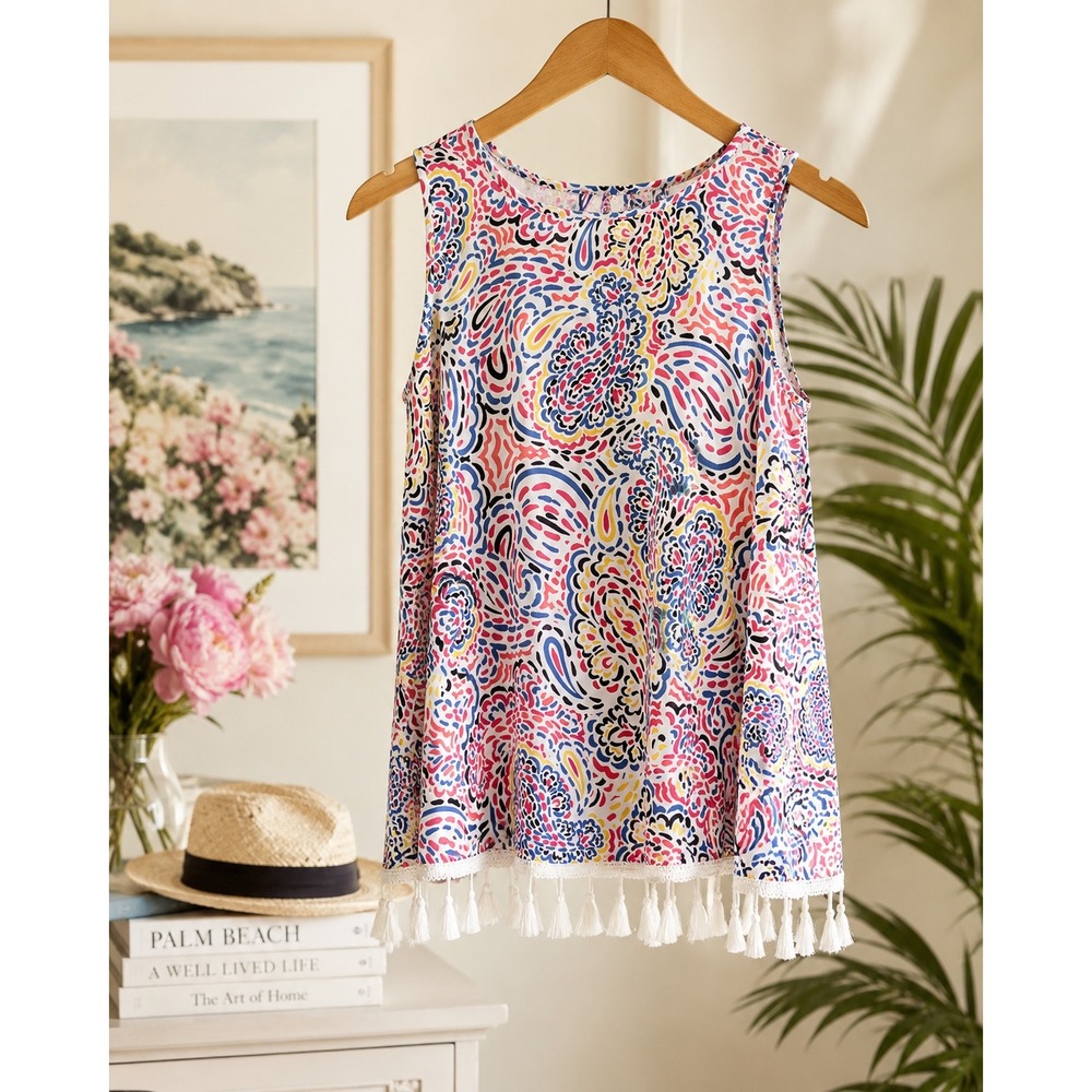 Pappagallo Paisley Tassel Fringe Tank Top Multi Color Coastal Preppy Resort M